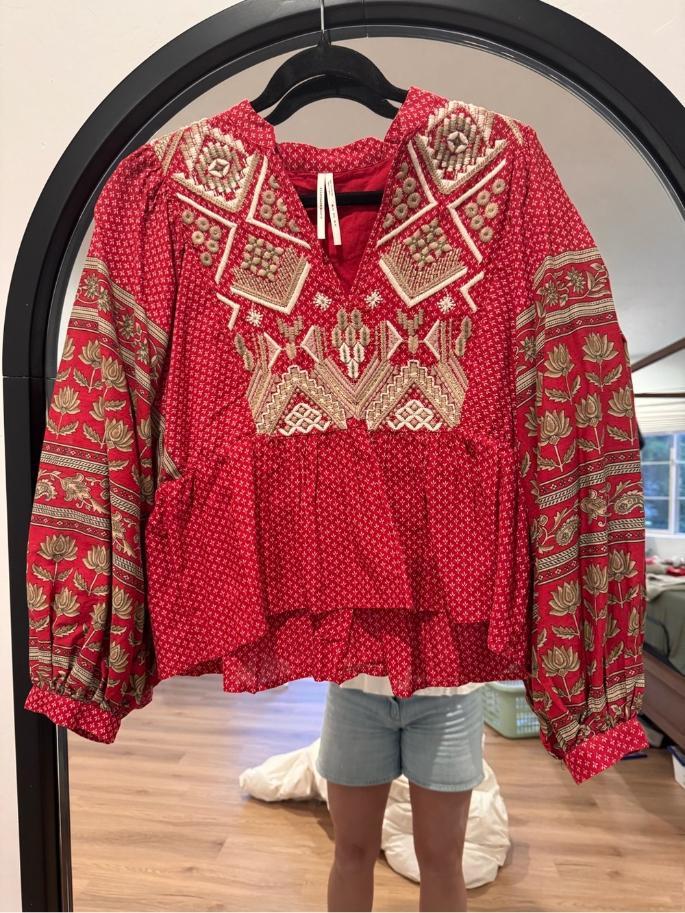 Anthropologie Red Embroidered Peasant Top